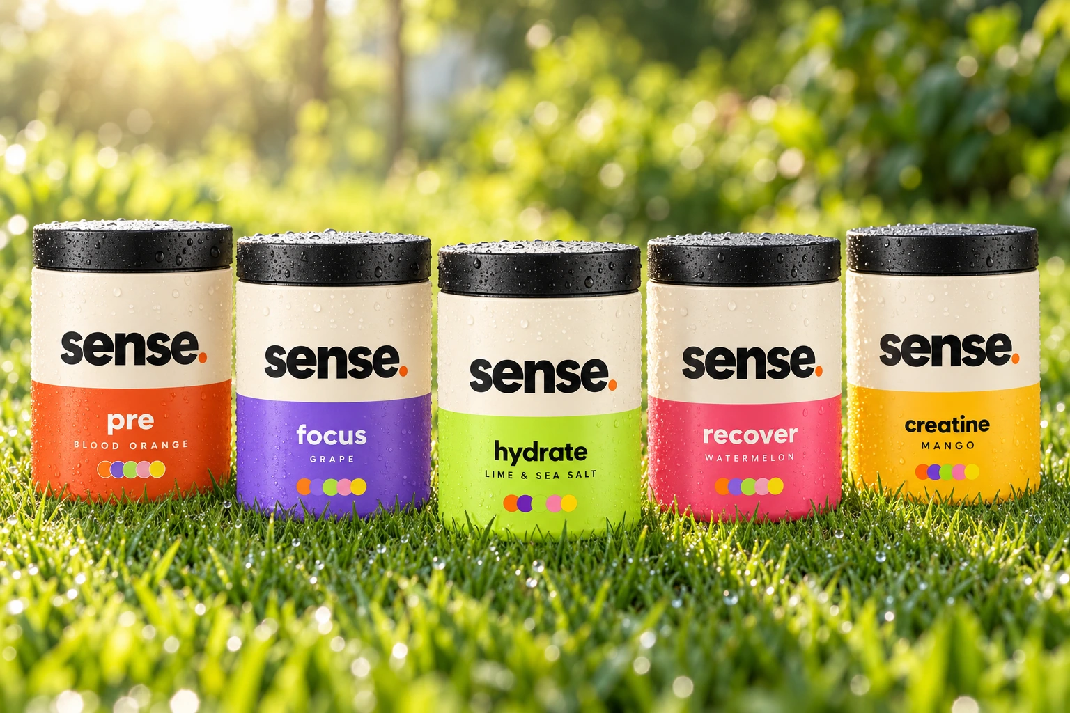 The five sense. tubs lined up on dewy grass in morning sun