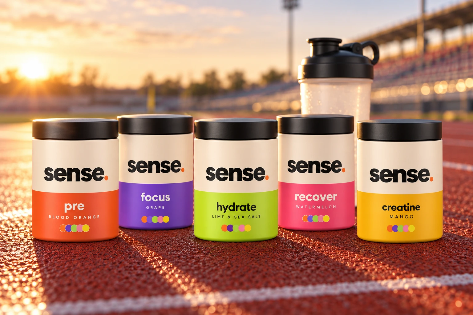 sense. tubs on a running track at sunset with a shaker bottle
